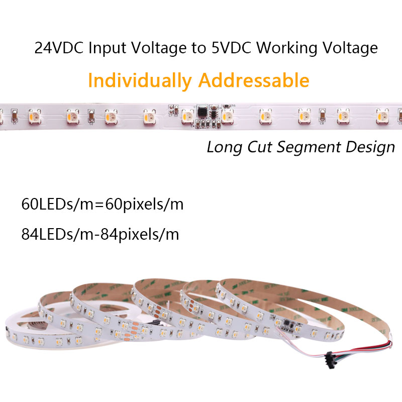 24V to 5V SK6812 Individual Addressable 5050 RGB / RGBW LED Strips, 60/84 LEDs/m